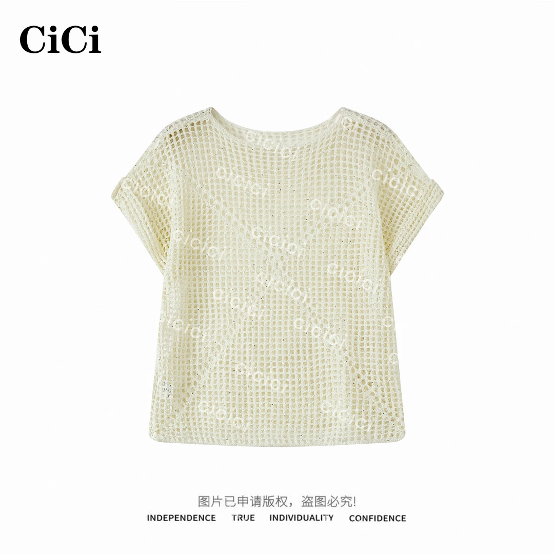 【CiCi酱】「雪络」时尚宽松镶亮片显瘦镂空针织上衣短袖C25T03315