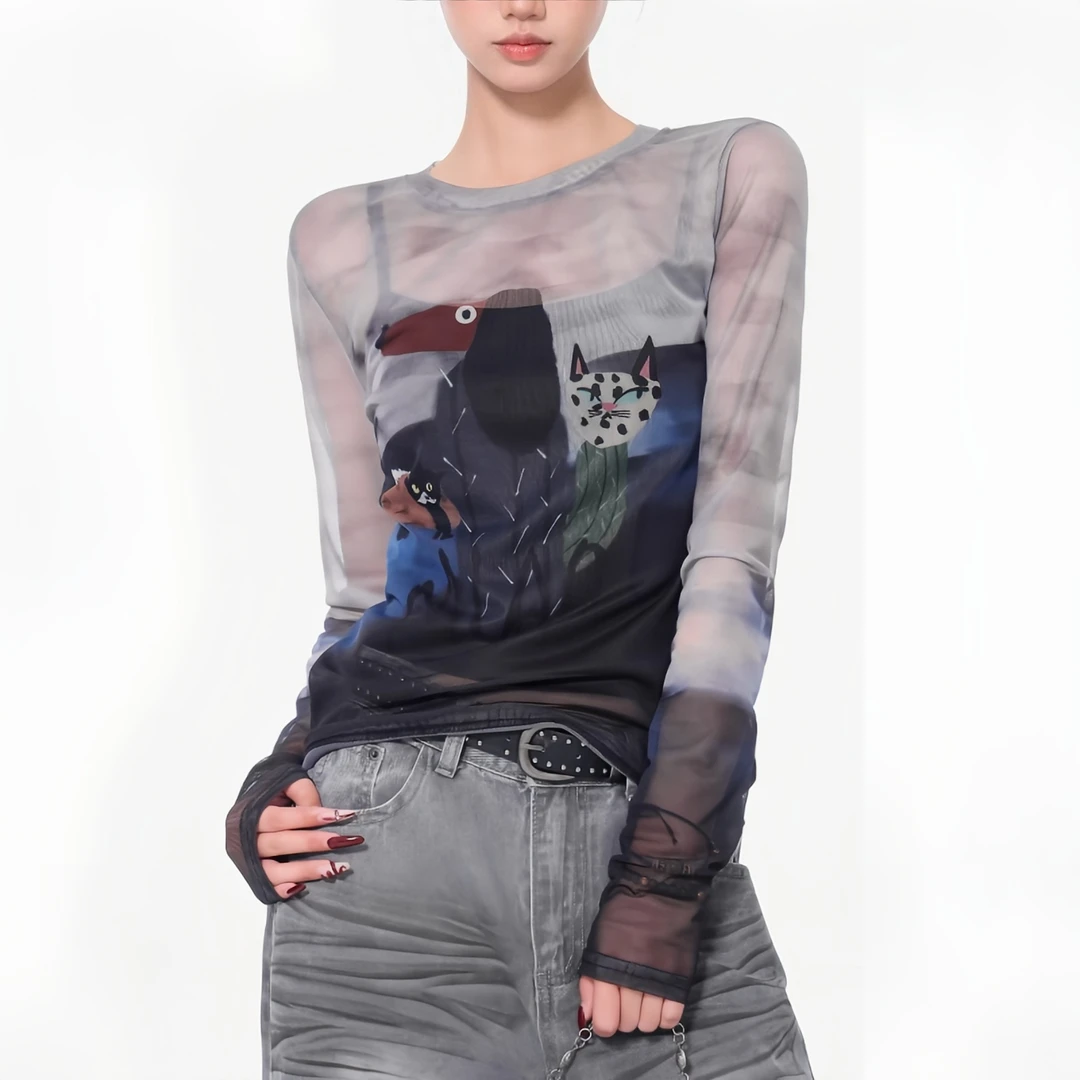 2025秋季新款网纱印花长袖T恤微弹微透修身显瘦百搭女上衣