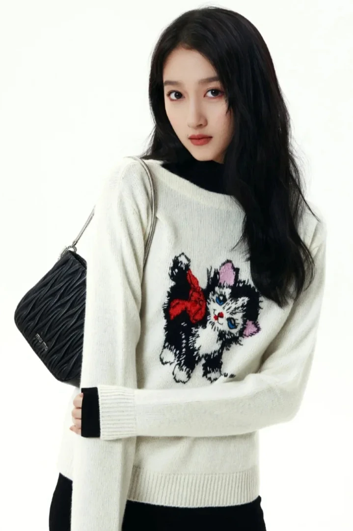 99新 MIU MIU/缪缪 白色小猫针织毛衣 40码 04267