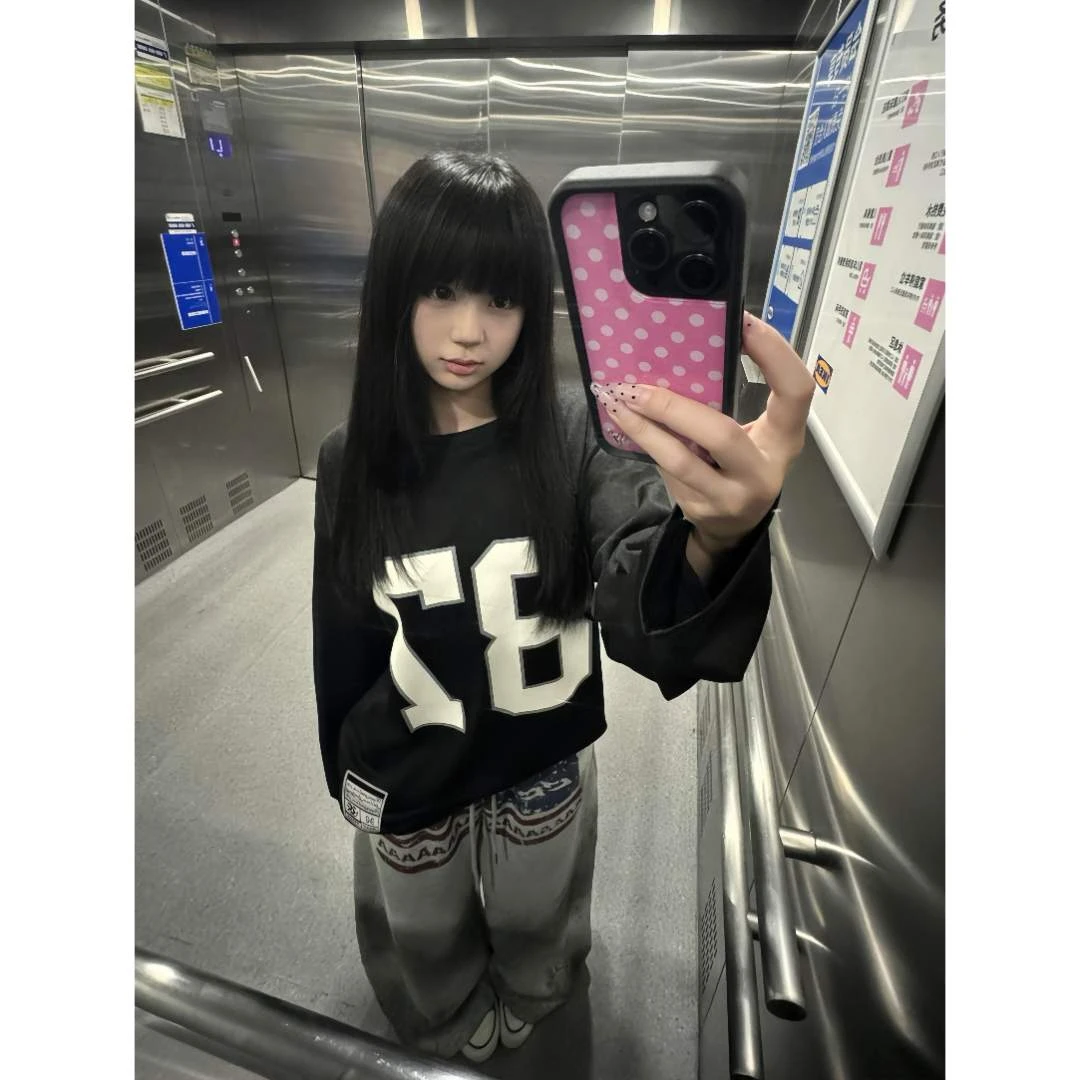 春秋新款酷飒风圆领长袖t恤女美式复古oversize宽松潮流罩衫