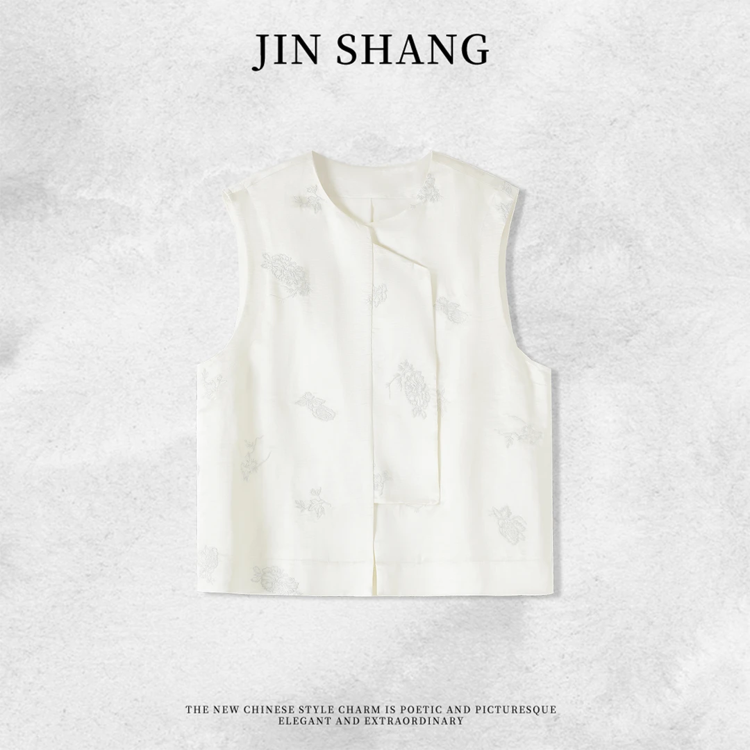 【玉兔】国风新中式优雅桑蚕丝亚麻手推绣中国风宽松马甲XYL23086