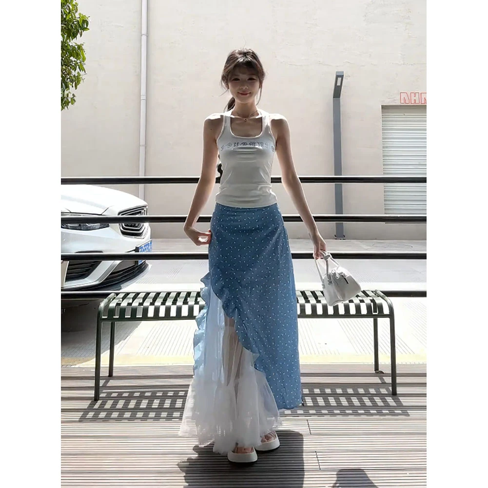 2025新款辣妹风高腰拼接网纱半身裙女夏季收腰显瘦吊带背心两件套