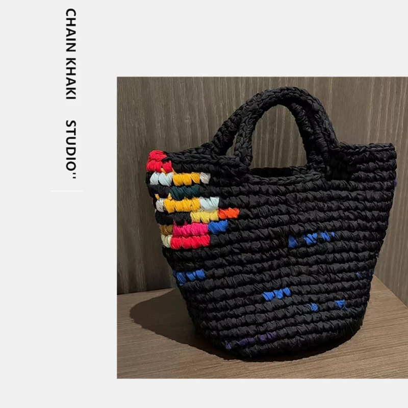 刺绣/绣花手提款撞色编织手提包ins手拎包黑色小众针织时尚编织包