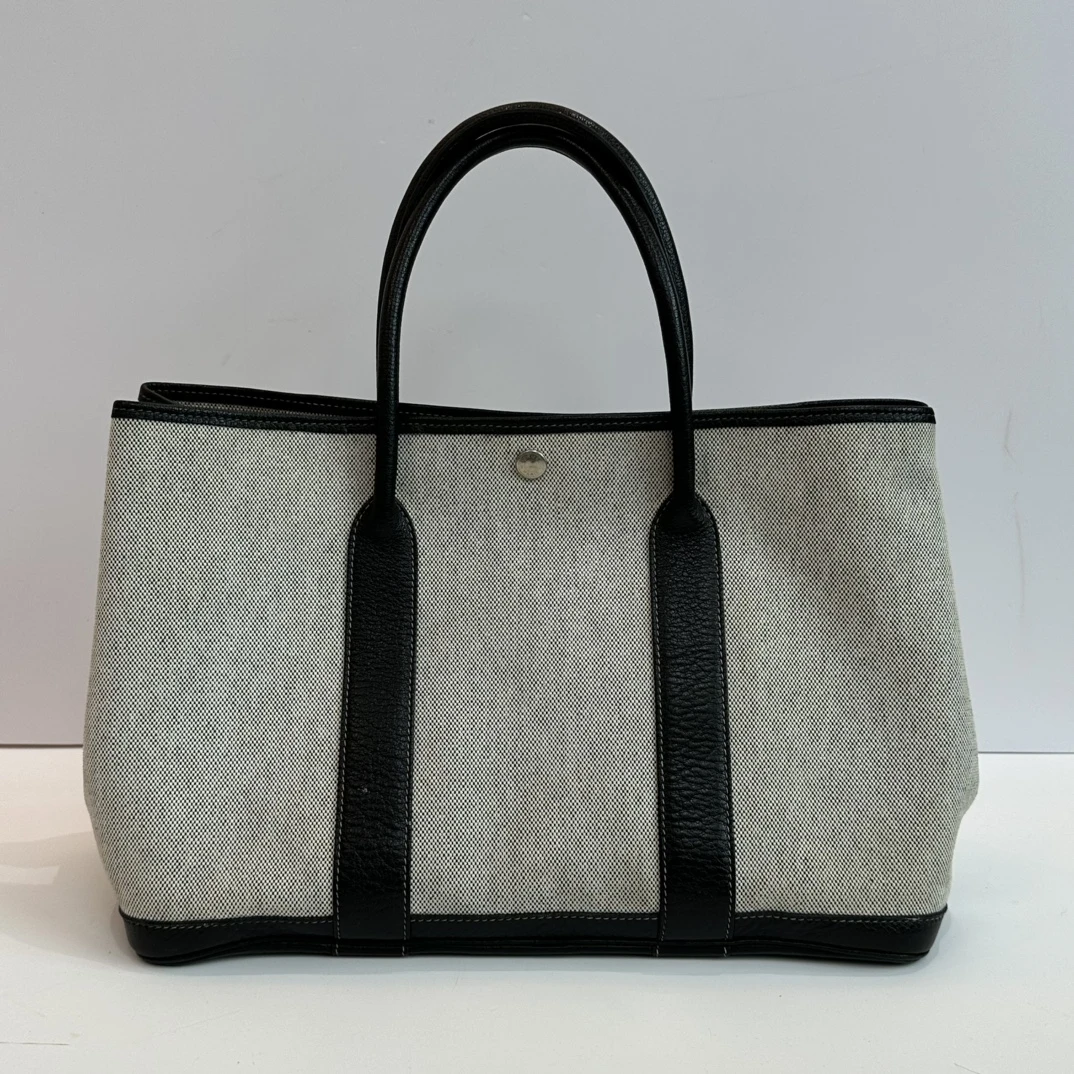 95新 Hermes/爱马仕 帆布拼皮银扣花园36手提袋 41354