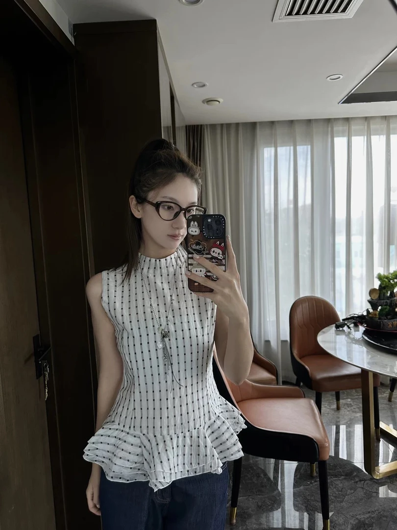 现货优质版 气质格子无袖上衣拼接花边下摆收腰设计夏季显瘦T恤