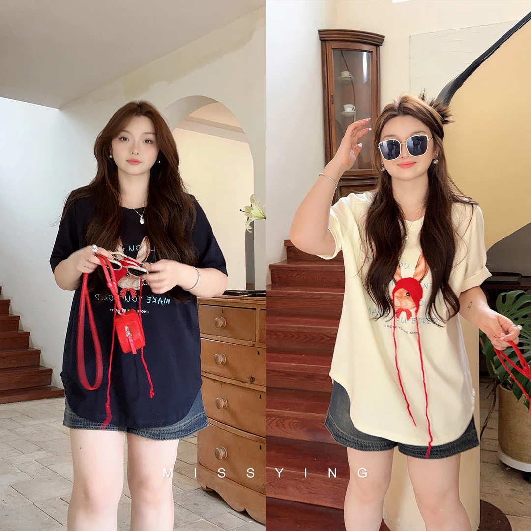 应小姐【小红帽】微胖大码韩系夏季宽松休闲风简约显瘦图案短袖T恤