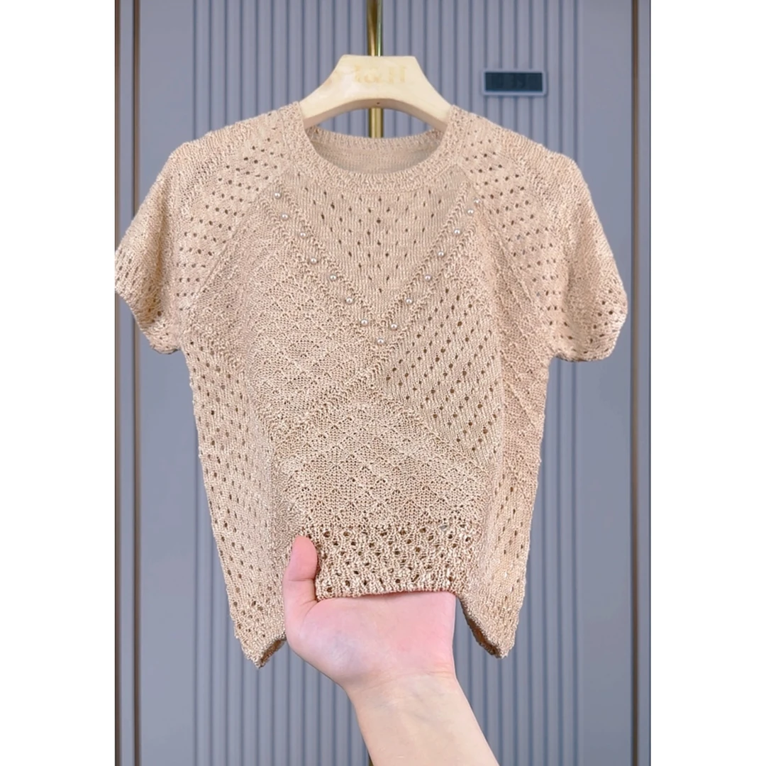 2025夏季新款时尚气质减龄短袖上衣圆领提花百搭套头针织衫876