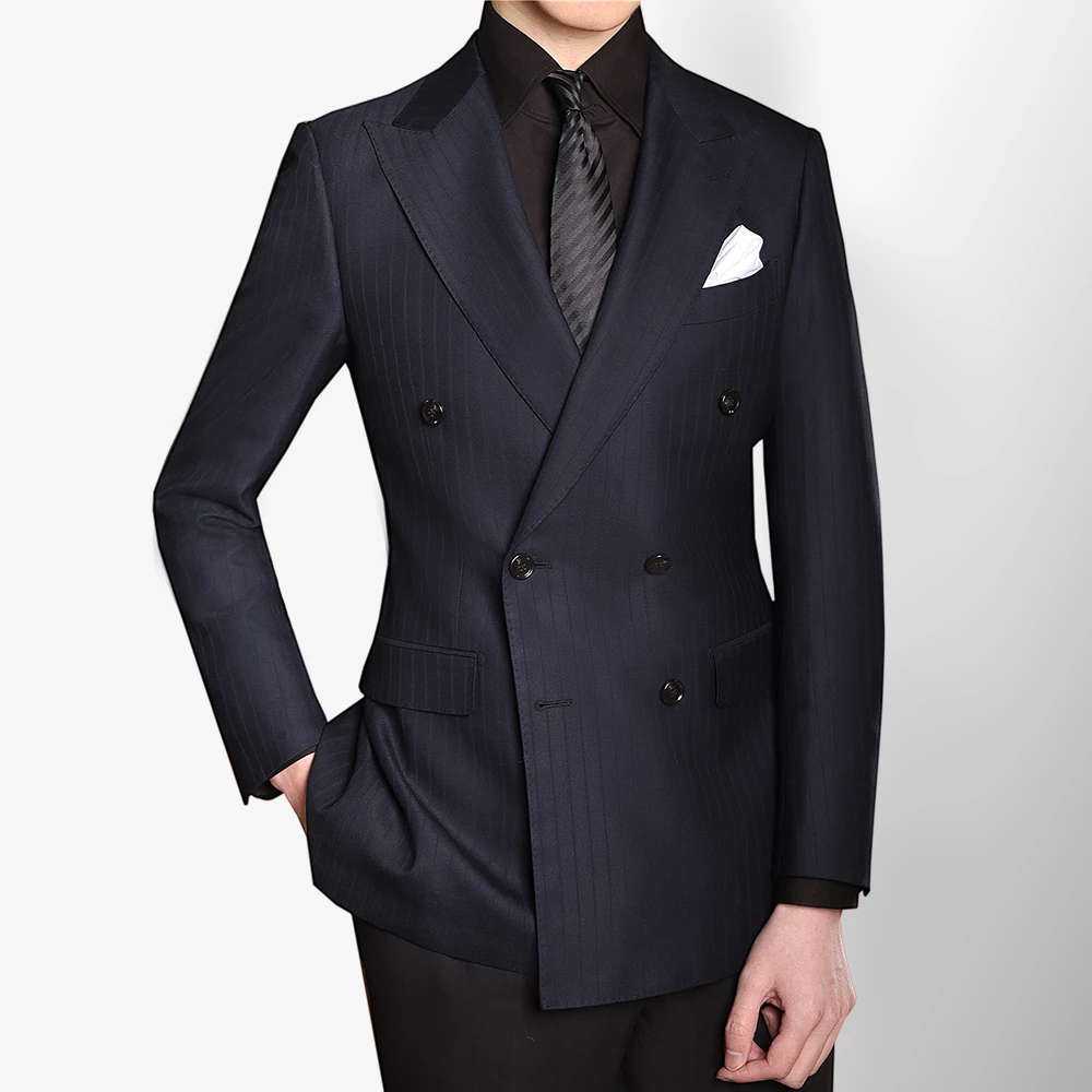 【澳洲质感羊毛套装】新款黑青暗条纹男士双排扣西装套装西服正装