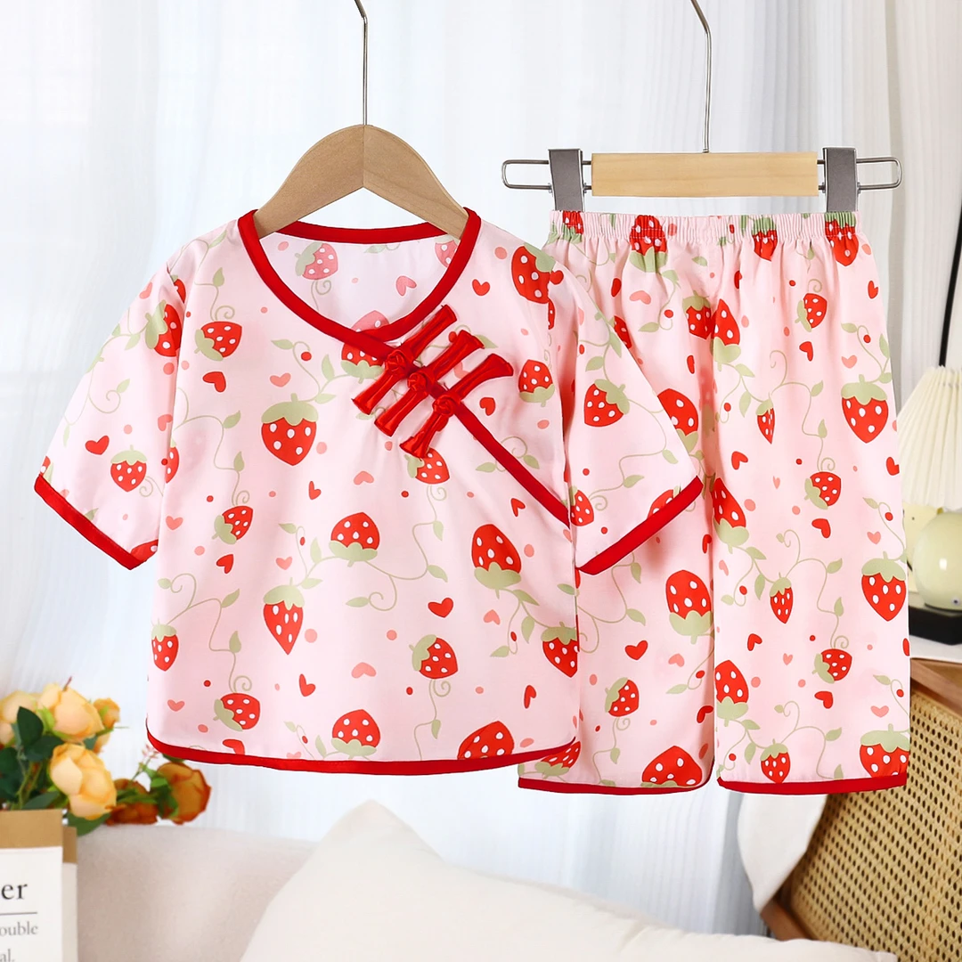 儿童睡衣夏季偏襟女童家居服婴儿棉绸短套装t宝宝空调服薄款汉服