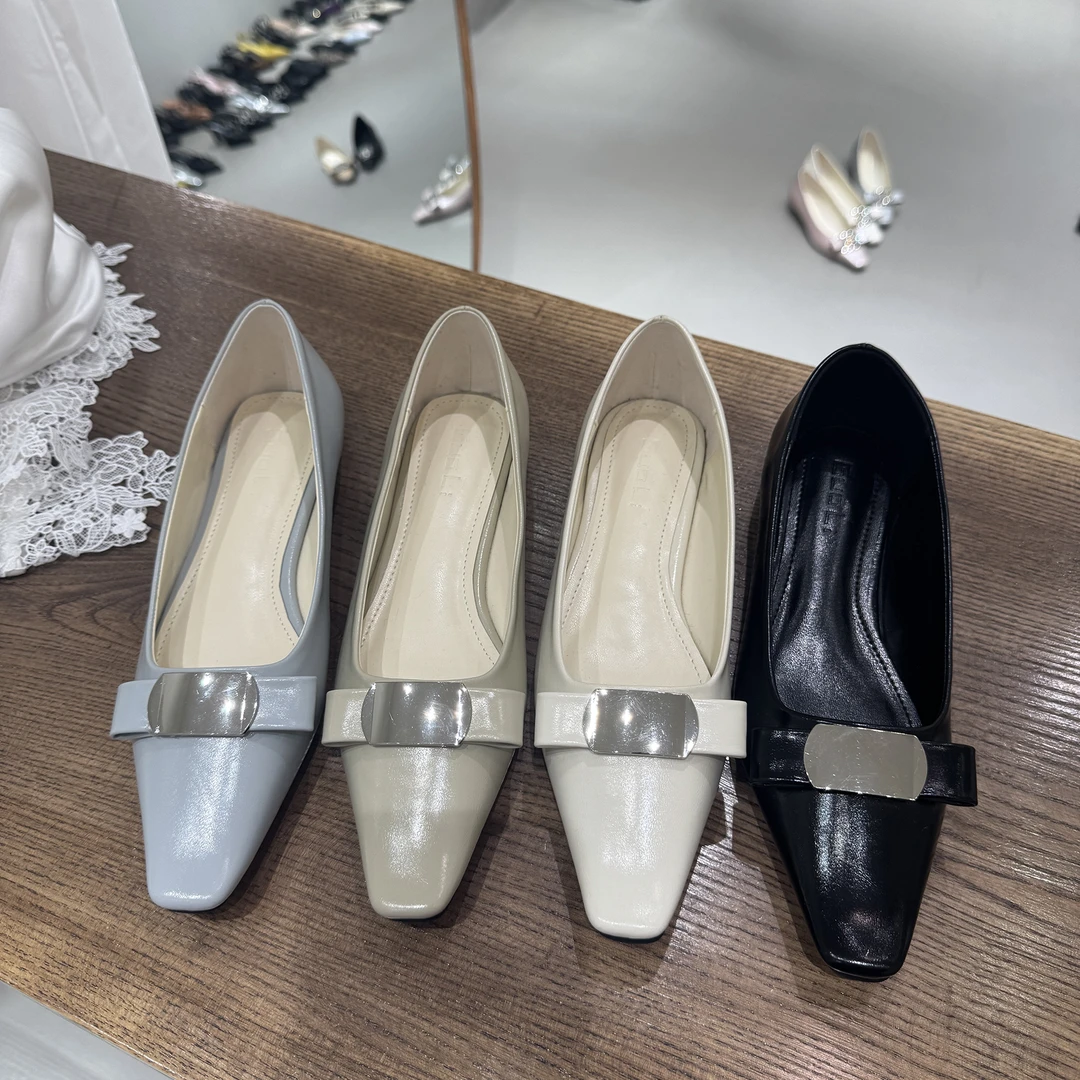 2025春夏新款百搭小方头金属蝴蝶结平底鞋一脚蹬浅口单鞋女瓢鞋