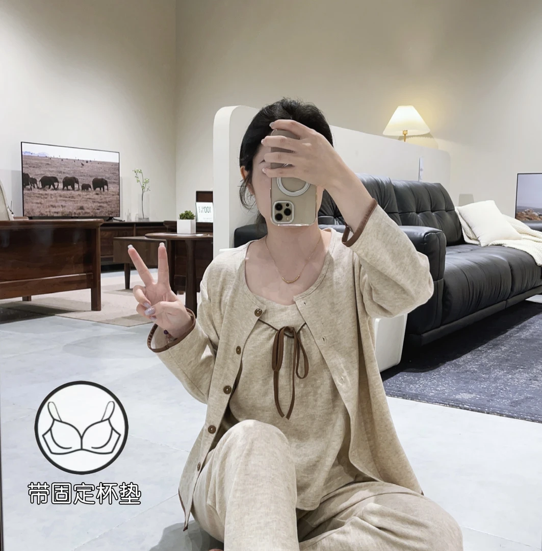 秋季薄绒长袖吊带带杯垫三件套睡衣女款2025爆款保暖舒适套装2629