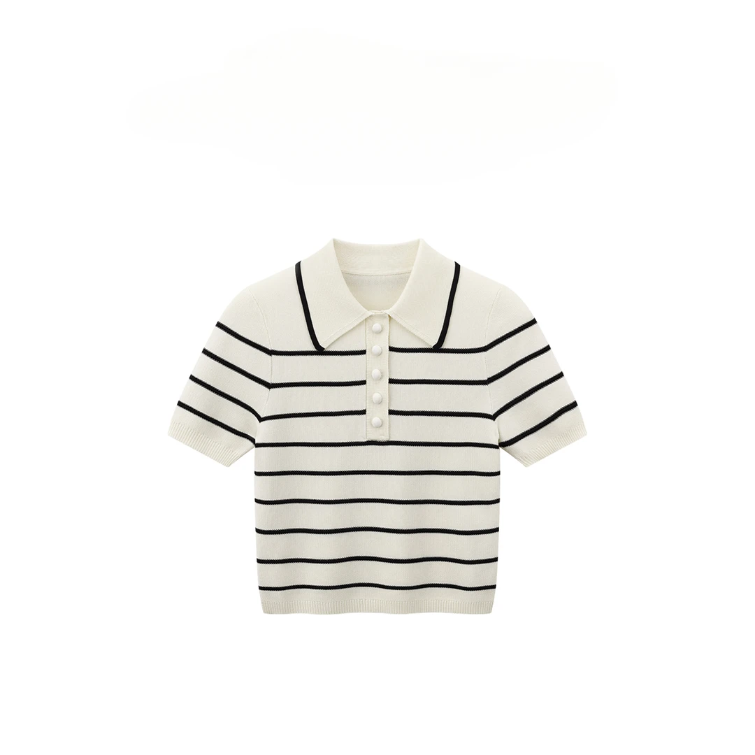 SECRET CIRCLE·秘社- 女士条纹短袖上衣POLO翻领毛针织衫A0576