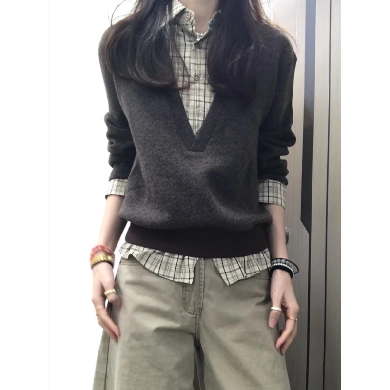 MARIE.COCO韩系复古V领软糯针织衫毛衣上衣搭宽松休闲裤秋冬套装