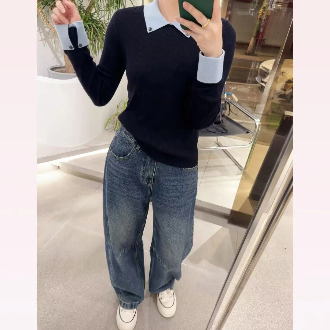 春苗女装  撞色翻领羊毛衫      时尚百搭毛衣针织衫