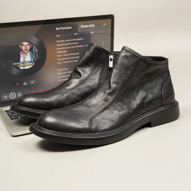 头层牛皮马丁靴拉链格纹轻便高帮保暖切尔西靴筒靴百搭秋季