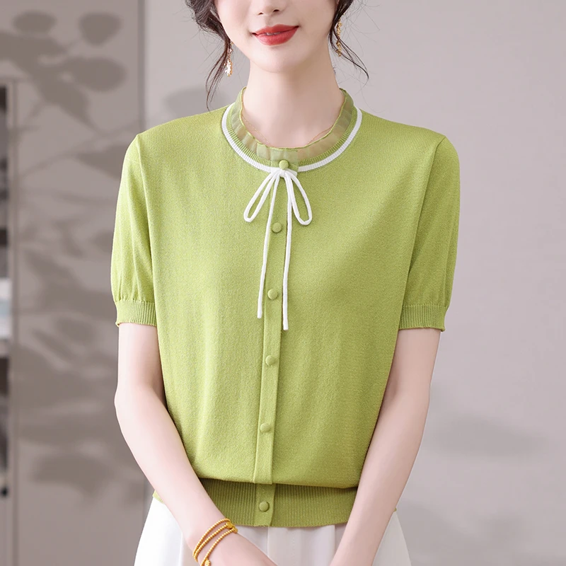 短袖女款爆款2025新款大码冰丝T恤宽松显瘦遮肉洋气薄款针织上衣