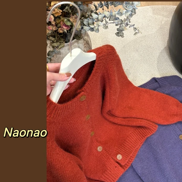 Naonao～韩系圆领两色开衫毛衣外套