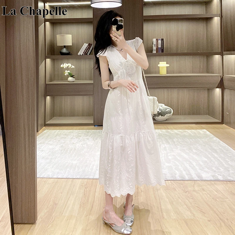 拉夏贝尔法式白色高品质连衣裙女夏季温柔收腰中长裙小清新仙女裙