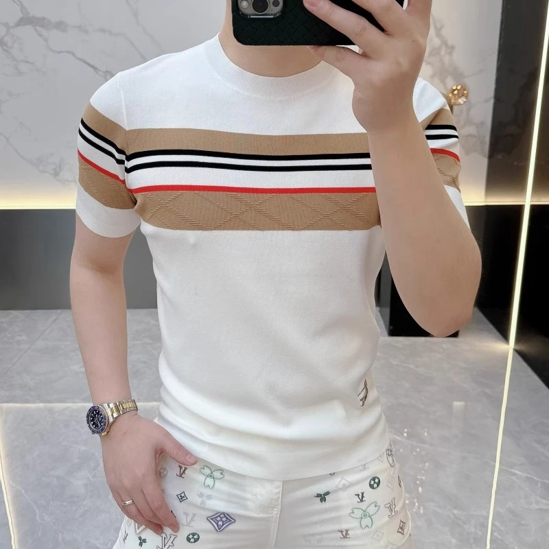 2025夏季新款欧货个性条纹时尚百搭冰丝短袖T恤男薄款针织半袖