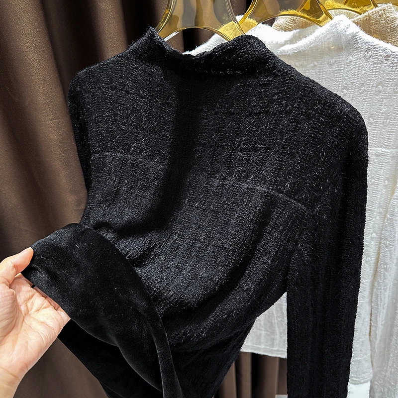 高档磨毛爱心蕾丝衫上衣女2025秋冬黑色半高领打底衫加厚保暖内搭
