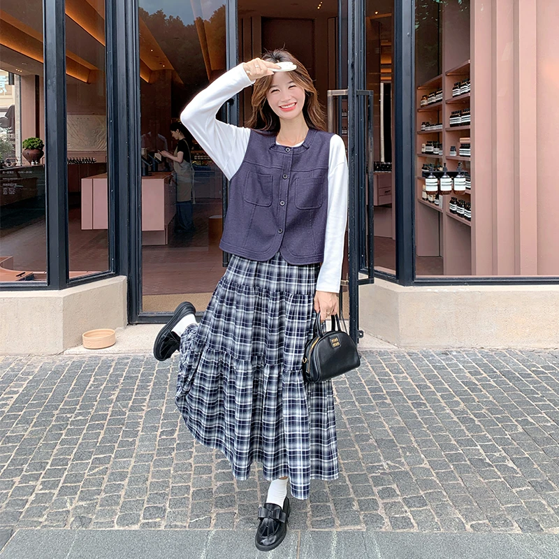 小香风秋冬洋气新款盐系减龄马甲格子半身裙套装女春秋两件套感
