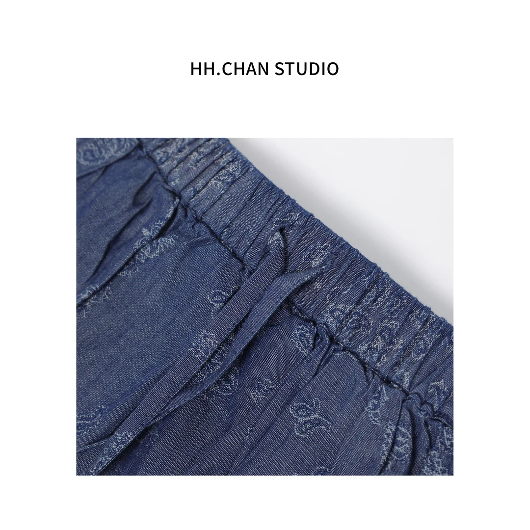HH.CHAN“海洋系”100%棉定制海洋系印花图案松紧腰藏蓝牛仔半身裙