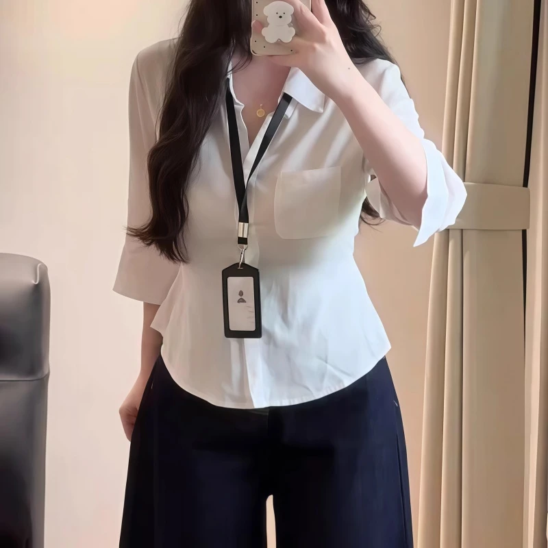 大码设计感白色polo领不规则衬衫女夏季胖mm收腰显瘦遮肉气质上衣