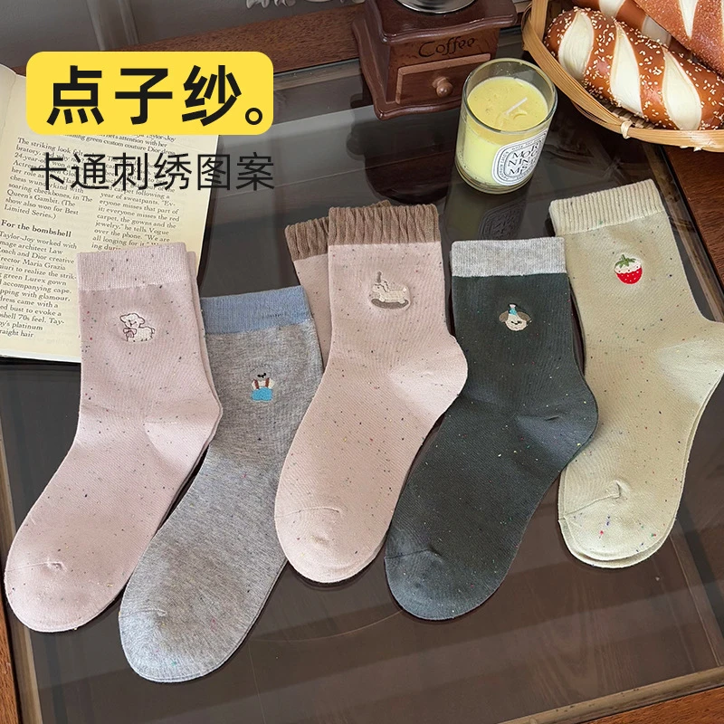 女款点子纱刺绣卡通韩版ins风中筒袜学院风秋冬无骨长袜百搭袜子