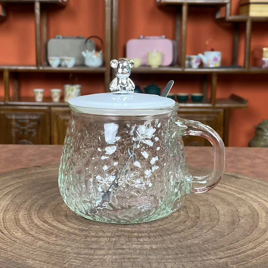 小熊马克玻璃水杯对杯 锤纹手把杯带盖带勺主人杯0111