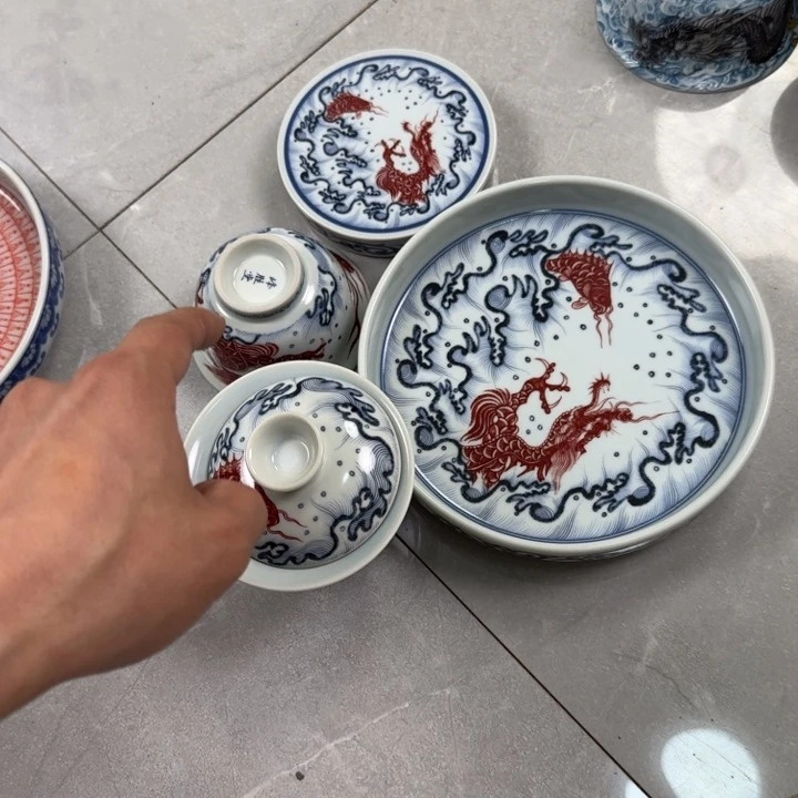 摆件釉里红鱼化龙四件套