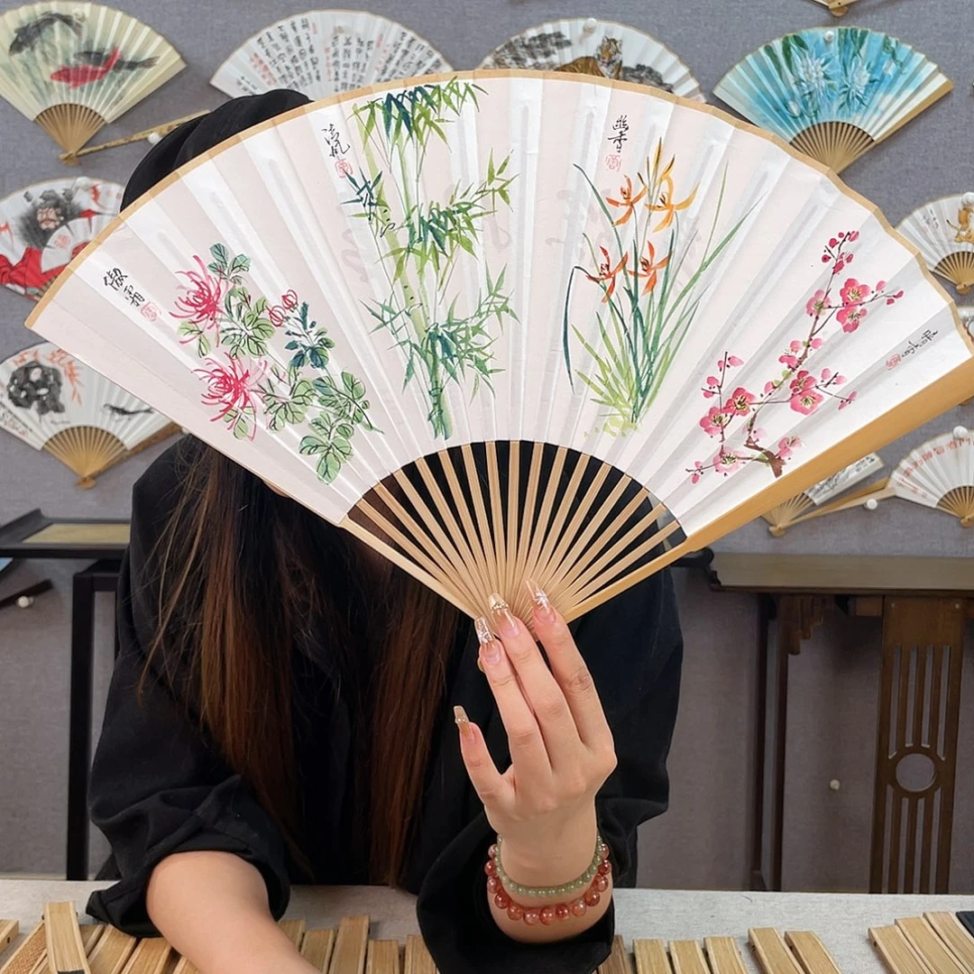 国画95寸玉竹-纯手绘-文玩扇骨（默认粘好）梅兰竹菊
