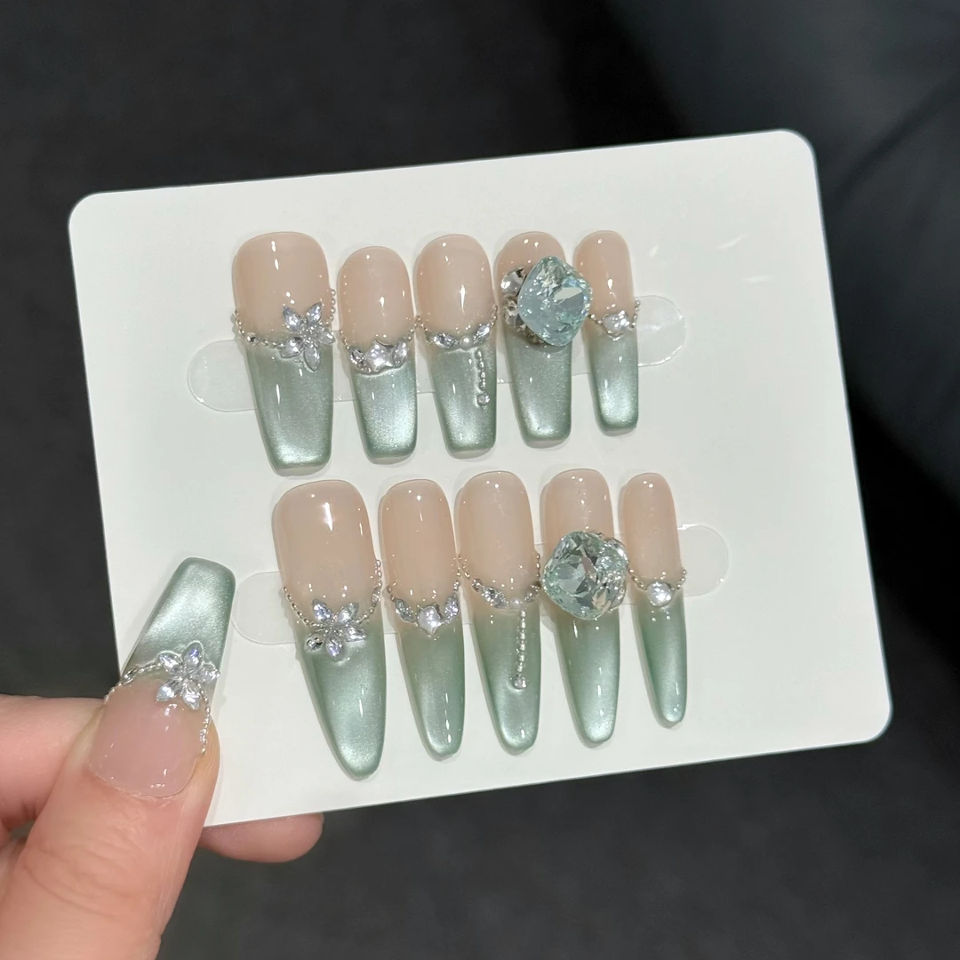 【青提玻璃珠】手工穿戴甲薄荷仙子法式猫眼冰透贴钻可拆卸穿戴甲