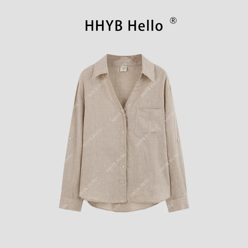 HHYB Hello【2025春季新款】简约百搭V领基础款长袖衬衣原麻衬衫
