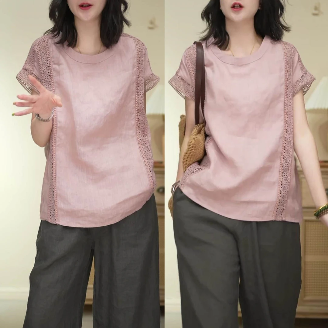 时尚镂空蕾丝拼接短袖T恤夏季新款大码宽松显瘦百搭休闲文艺上衣