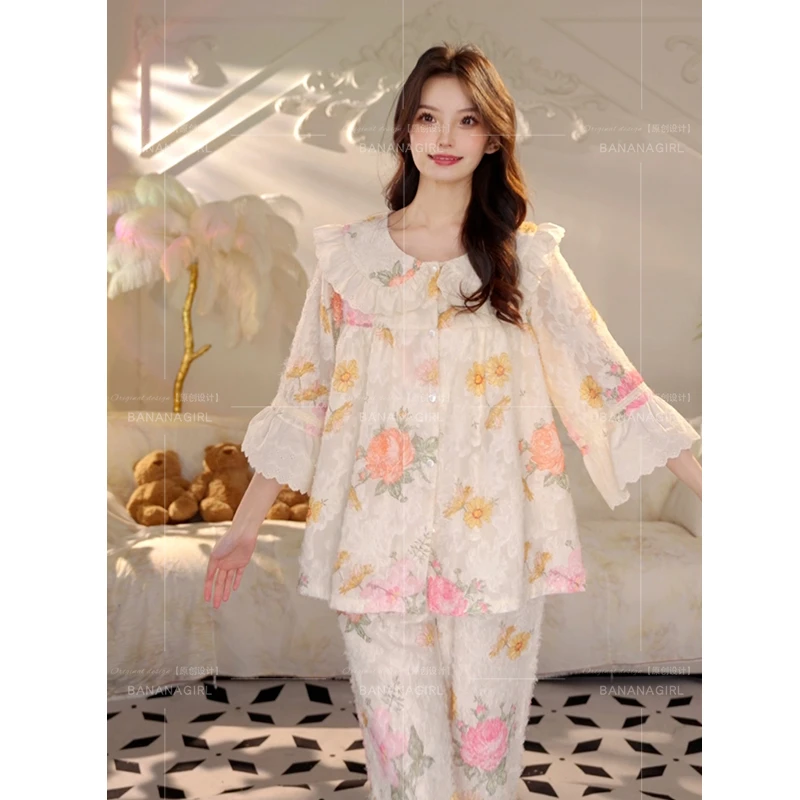 香蕉女孩【白茶花】春夏新款中袖宽松舒适外穿家居服睡衣可外穿套装