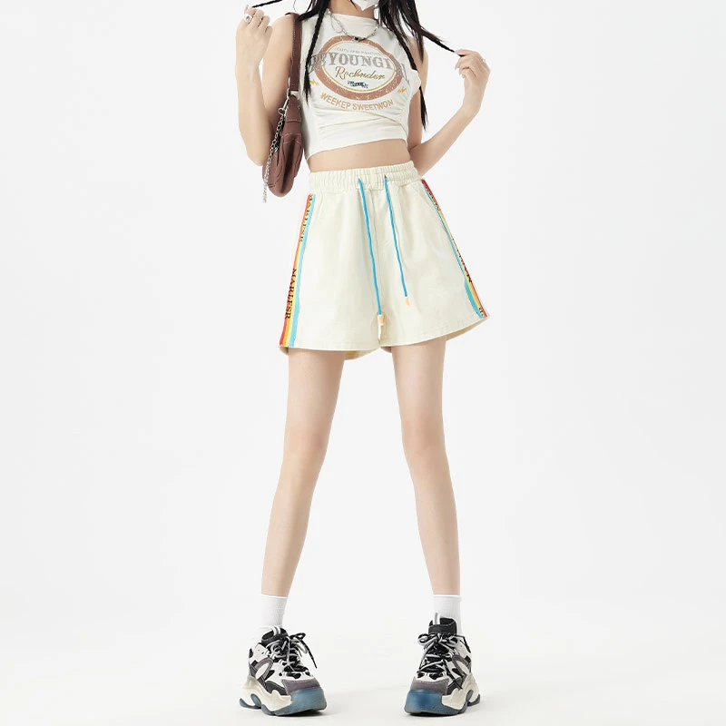 高腰显瘦牛仔短裤女2025夏季新款米白色抽绳休闲宽松阔腿裤子百搭