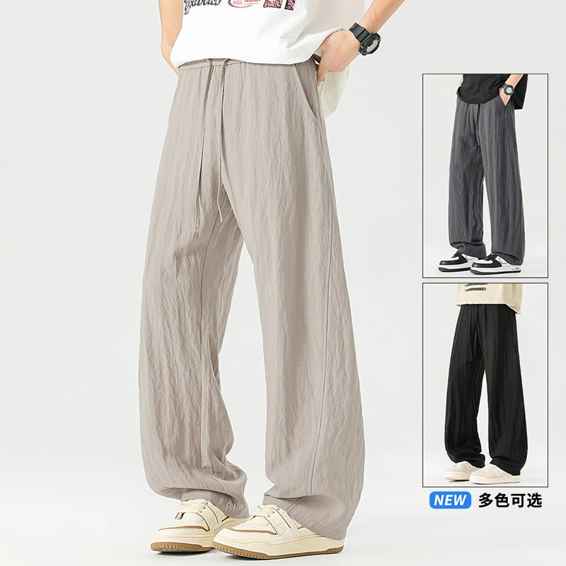 男士亚麻休闲裤美式高街潮流运动长裤夏季薄款宽松百搭直筒阔腿裤