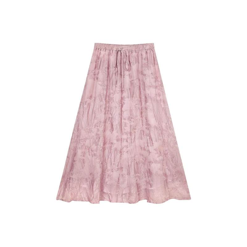 【粉色钩花蕾丝半身裙气质镂空A字长裙 H004】