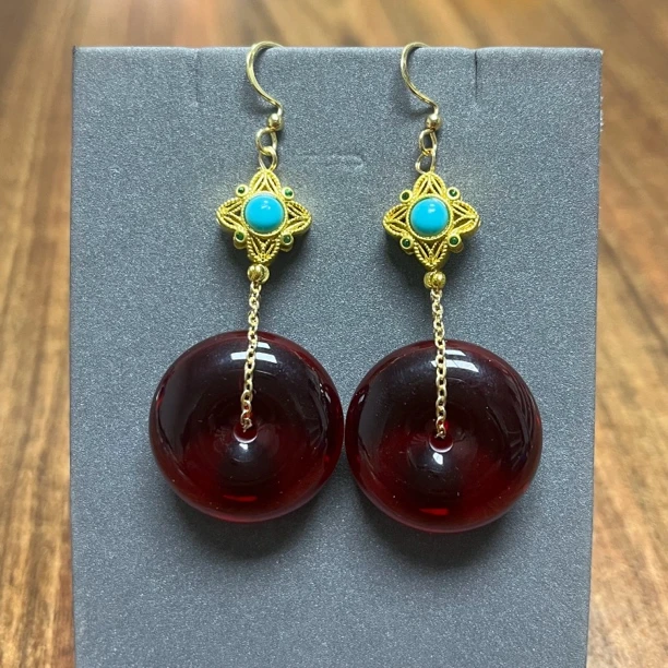 铜合金树脂耳饰 526国风简约酒红平安扣设计耳饰