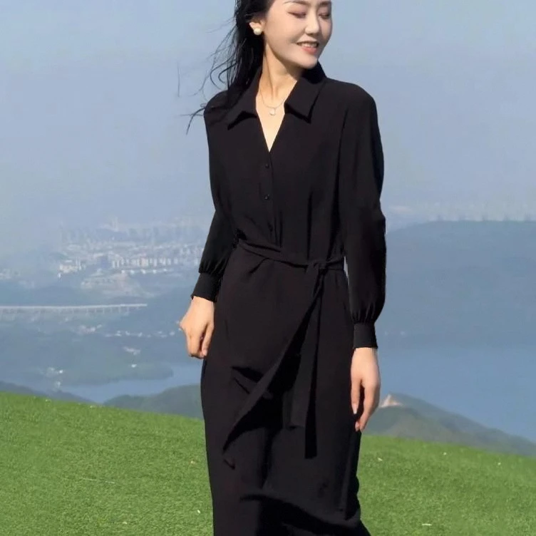 秋冬大码韩版宽松显瘦系带高腰衬衫连衣裙女胖mm收腰气质黑色长裙