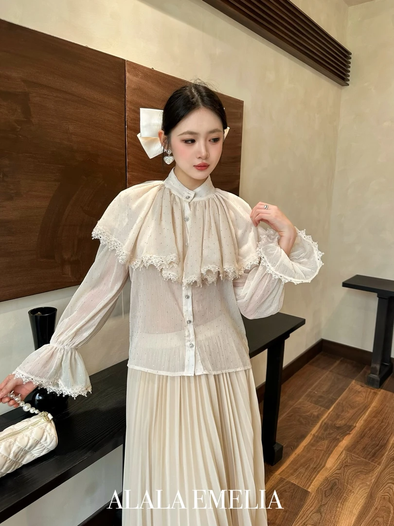 蕾丝春季法式荷叶边常规款衬衫百搭复古小众上衣11222