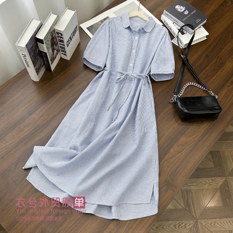 （蓝细条纹棉麻连衣裙）夏季文艺复古气质收腰显瘦百搭长款连衣裙G