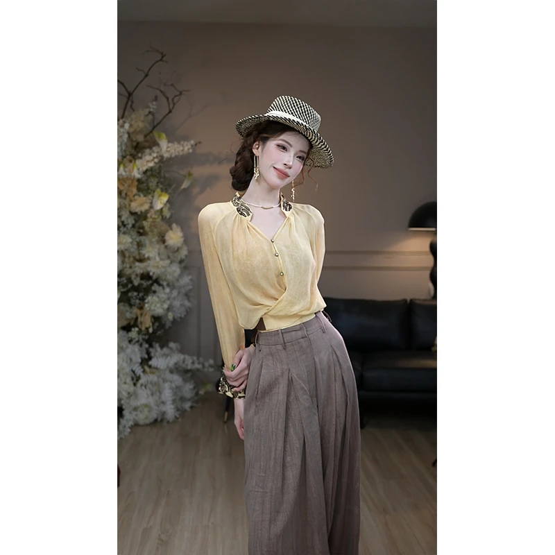 彼得潘大叔《秋汀雁》法式刺绣元素系带修身衬衫复古廓形长裤