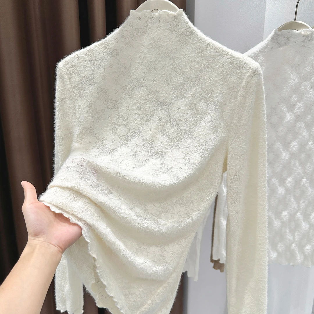 半高领勾花蕾丝修身打底衫秋季新款木耳边微透网纱长袖上衣女内搭