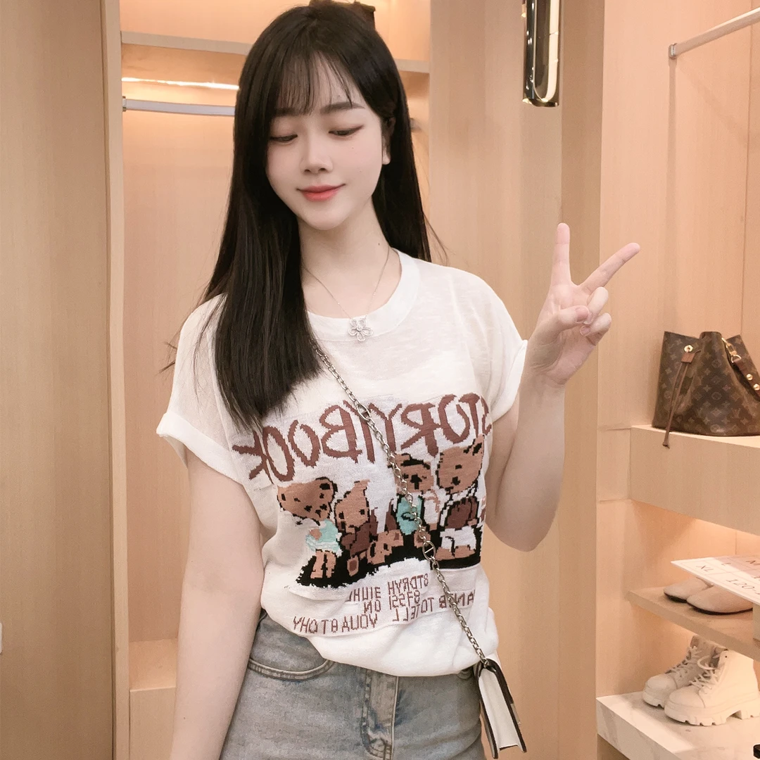 传儿定制 夏季针织衫女短袖卡通刺绣小熊圆领套头宽松显瘦上衣