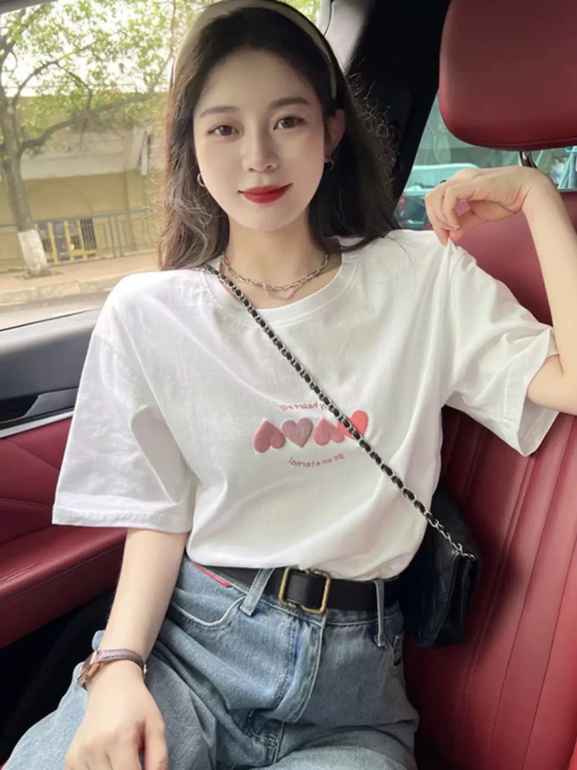 TX011白色短袖t恤新款爱心正肩夏季新款设计感小众宽松百搭