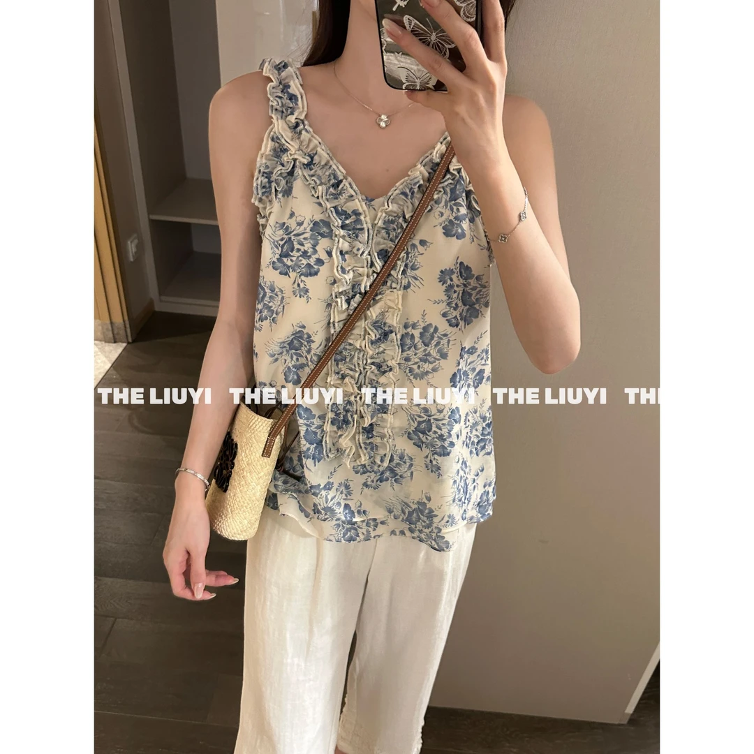 【LIUYI】小苍兰～高定亚麻天丝混纺无袖花边小衫57151