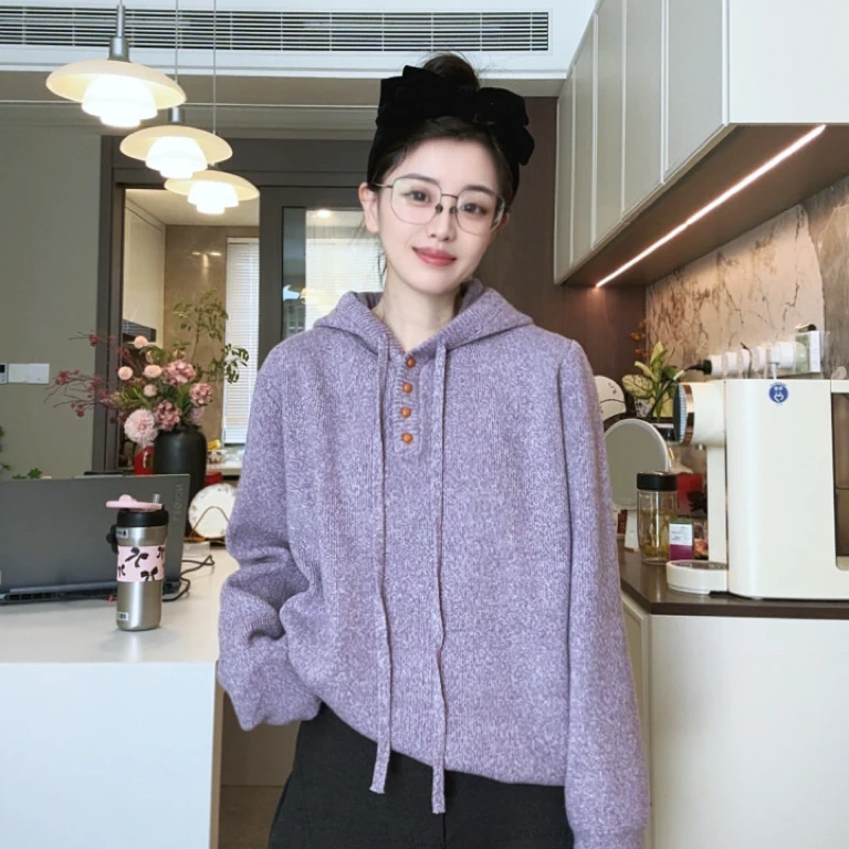【徐瘦瘦】【外套搭子】紫色连帽毛衣女士秋冬加厚针织衫宽松慵懒风