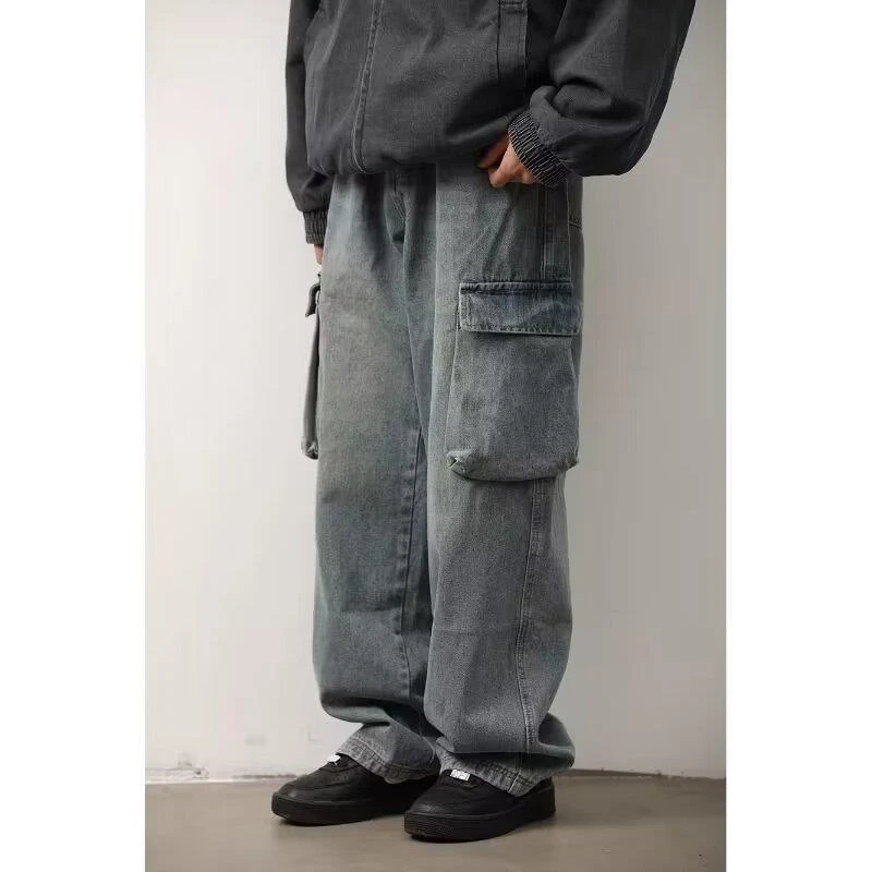 【网红炸街】美式水洗复古大口袋牛仔裤男直筒阔腿高街2024年新款
