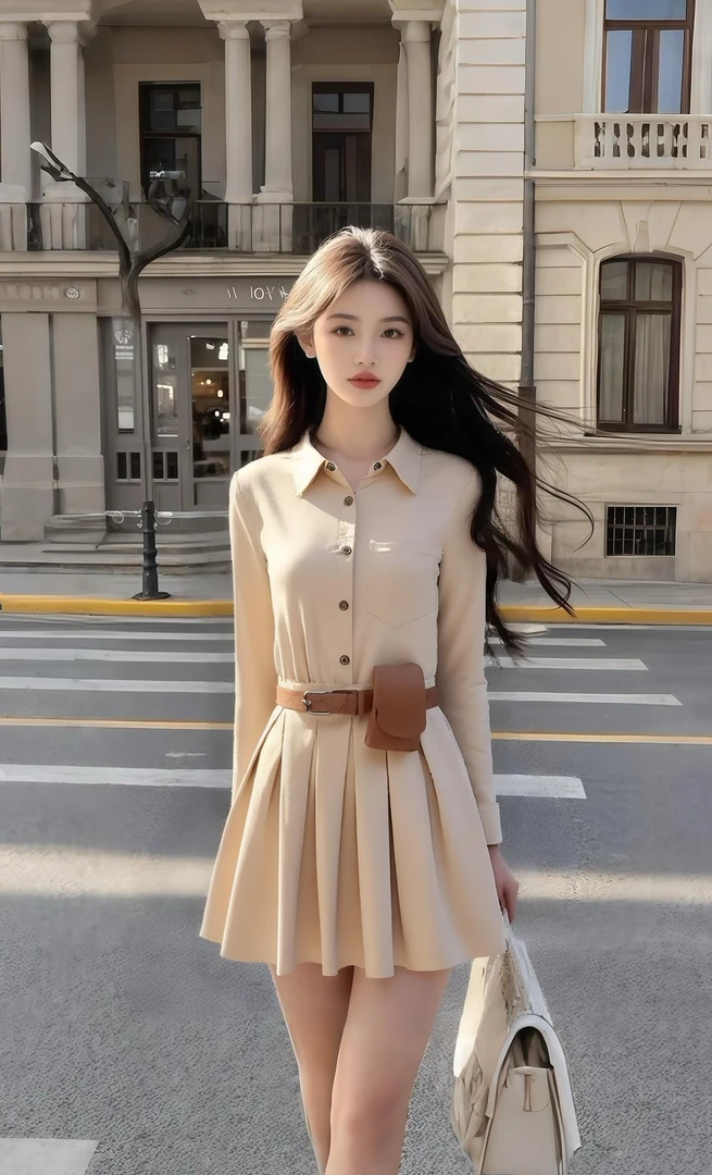 时尚气质甜美风杏色衬衫领长袖收腰单排扣连衣裙女高级氛围感女装